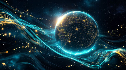 A radiant Earth sphere suspended in space, enveloped by intricate streams of digital data in swirling, luminous cyan and gold arcs
