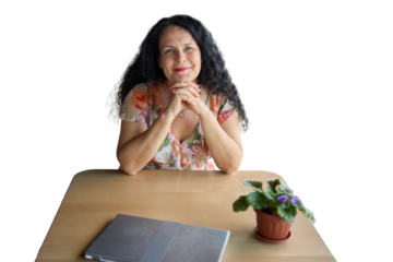 57-year-old woman works on a laptop isolated, png,