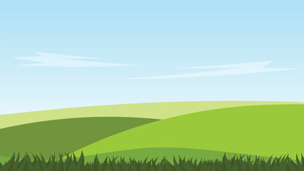 green field with grass and blue sky background. landscape cartoon scene