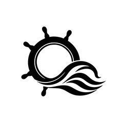 Nautical Logo: Helm and Waves, a Black and White Sailing Icon.