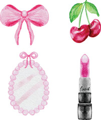 Pink Coquette elements hand drawn watercolor vector