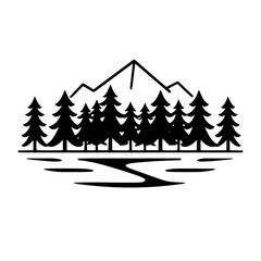 Black and white minimal landscape: mountains, fir trees, and a river.