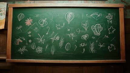 Fototapeta premium Artistic chalk illustrations covering a classic green school blackboard
