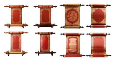 Decorative Asian Scrolls Displaying Rich Red and Gold Designs, isolated on transparent background