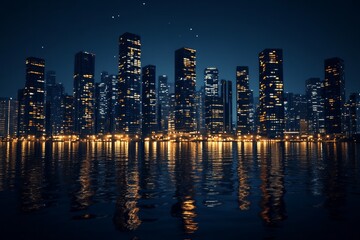 Obraz premium city buildings skyscapes at night water front, front view on black background