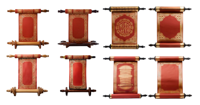 Decorative Asian Scrolls Displaying Rich Red and Gold Designs, isolated on transparent background