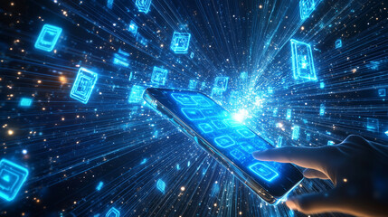 A visionary representation of the future unfolds as a futuristic smartphone levitates in space, emanating cascading streams of glowing blue holograms