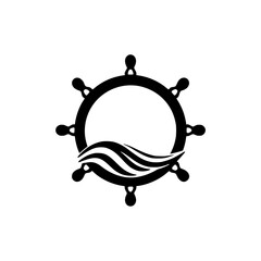 Nautical-themed ship's wheel logo with ocean waves, classic black and white.