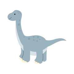 Cute brontosaurus dinosaur in a flat style. Friendly dino with a long neck. Perfect for kids designs, nursery prints, stickers. Vector illustration, isolated on a white background.