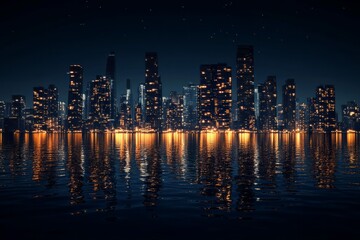 Obraz premium city buildings skyscapes at night water front, front view on black background