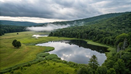 Obraz premium Tranquil Macro View of a Small Lake in the Catskill Mountains under a Misty Grey Sky