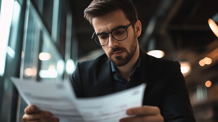 A manager reviews productivity reports his serious face reflecting responsibility and focus