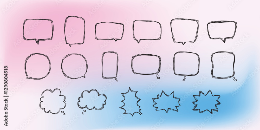 Poster set of simple lines hand drawn speech bubbles in various shapes gradient background. set of simple o