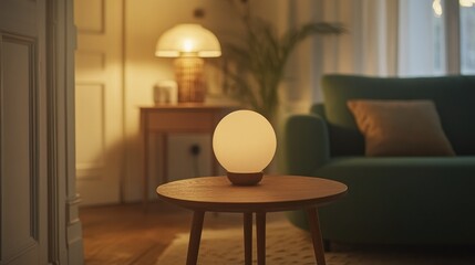 Fototapeta premium Cozy modern apartment interior with a small wooden table, an emerald-green sofa, and warm decorative lamps