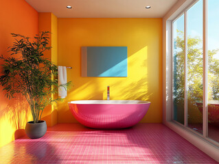 Modern bathroom design with vibrant colors and natural light