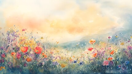 Whimsical Watercolor Field of Vibrant Wildflowers with Dreamy Sky and Soft Lighting