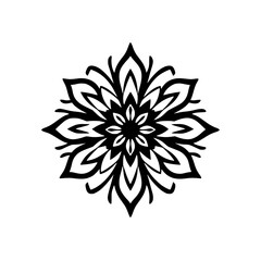 Intricate black and white symmetrical floral mandala pattern in a minimalist style on a white background