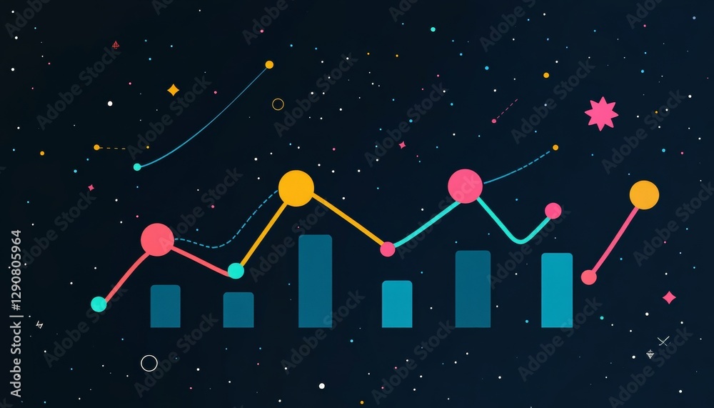 Poster abstract data visualization vibrant line bar graph on dark blue, modern data chart