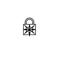 Black minimalist lock icon with a starburst pattern on a white background.