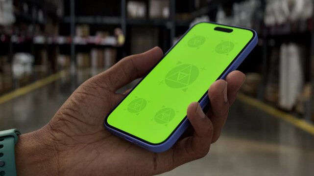 GREEN SCREEN CHROMA KEY A hand holding a smartphone with a green screen in a large warehouse or retail environment, ideal for mockup apps, logistics, or retail interfaces