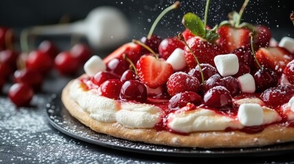This beautiful fruit pizza, featuring an array of strawberries and cherries embellished with marshmallows, presents a visual delight that combines flavors perfectly in every bite.