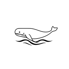 Simple black and white line drawing of a whale swimming above rolling waves, against a white background.