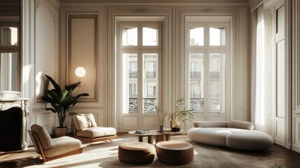 Elegant modern interior with large windows, white walls, and warm wooden accents