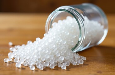 Transparent plastic granules fall out of the round pot on a wooden table