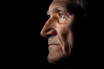 Profile of an elderly man illuminated dramatically against dark