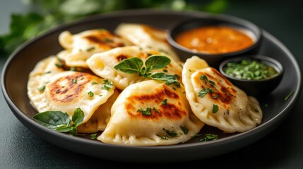 An enticing plate of delectable pierogi paired with vibrant dipping sauces beautifully captures an enjoyable dining experience, ideal for gatherings and special occasions.