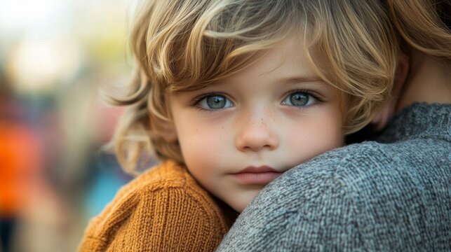 A young child clings tightly to their nanny, showcasing pure love and trust. Surrounded by a vibrant crowd, the moment radiates warmth and connection on a sunlit day