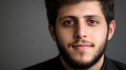 Obraz premium Young Man with Beard and Engaging Smile in Close-Up Portrait against Neutral Background