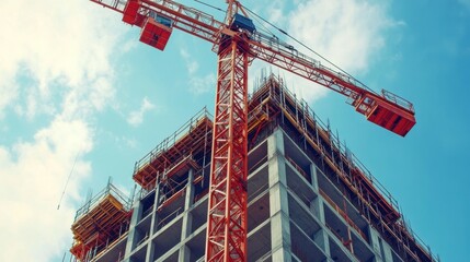 A massive construction crane lifting heavy steel beams at a building site
