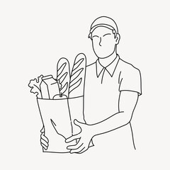 Baker man holding baguettes doodle illustration vector