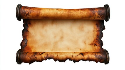 Old blank scroll paper with burnt edges, perfect for antique-themed designs, isolated on white.