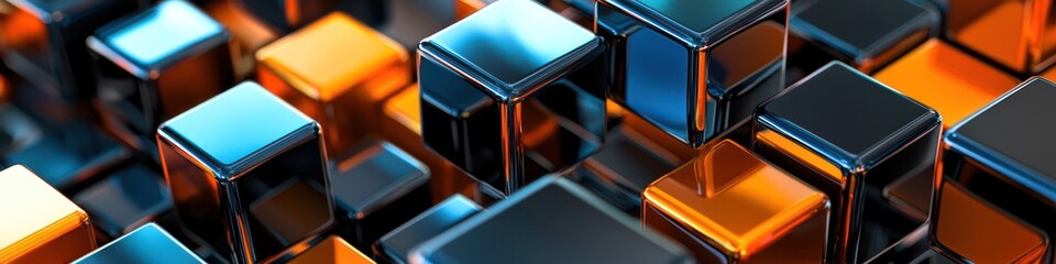 3D rendered modern cubes in sapphire, orange, and black, ideal for tech advertisements.