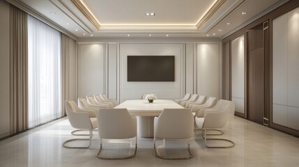 A simple yet sophisticated meeting room with a white color scheme, soft lighting, and elegant furniture.