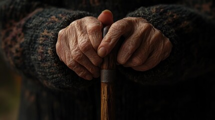 Old woman hands resting on a walking cane, showing fragility and strength. A symbol of aging and perseverance.