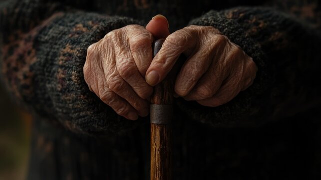 Old woman hands resting on a walking cane, showing fragility and strength. A symbol of aging and perseverance.