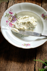 whipped chives butter. Serving, homemade loaf, side view.