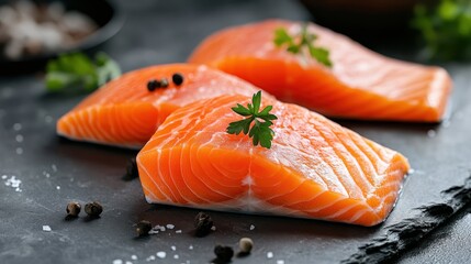 Three perfectly cut salmon fillets arranged on a textured slate surface, complemented with herbs and seasonings, showcasing vivid colors and a fresh, high-quality presentation.