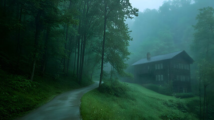 Fototapeta premium Misty mountain road leads to secluded house