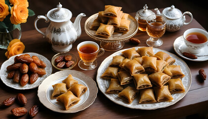 Traditional pastries and dates served with tea in an elegant setting