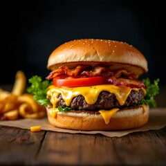 Juicy cheeseburger, sesame seed bun, melted cheese, high-resolution food photography