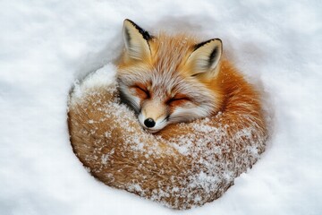 Fototapeta premium Red fox curled up sleeping in the snow