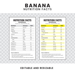 Banana Nutrition Facts. Nutrition Facts Label and Nutrition List. Editable and Resizable Templates of Nutrition Facts, Supplement Facts and Vitamin Facts. Isolated on Transparent Background.