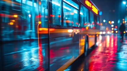 A speeding city bus on a wet night street scene
