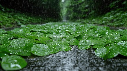 Fototapeta premium Rain-soaked leaves in forest stream, lush background