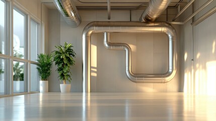 An industrial-style space features exposed ducts and a touch of greenery with potted plants, creating a contrasting aesthetic that balances raw materials with nature.