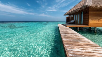A picturesque view of a luxurious overwater villa nestled in crystal clear turquoise waters, showcasing a tranquil escape in a beautiful tropical destination.